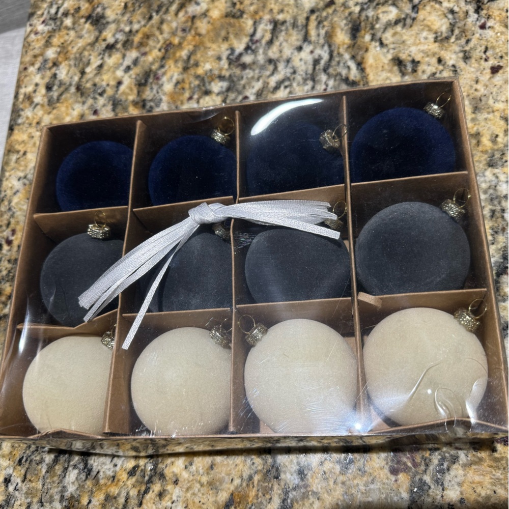 Flocked Navy, Gray, and Cream ornaments